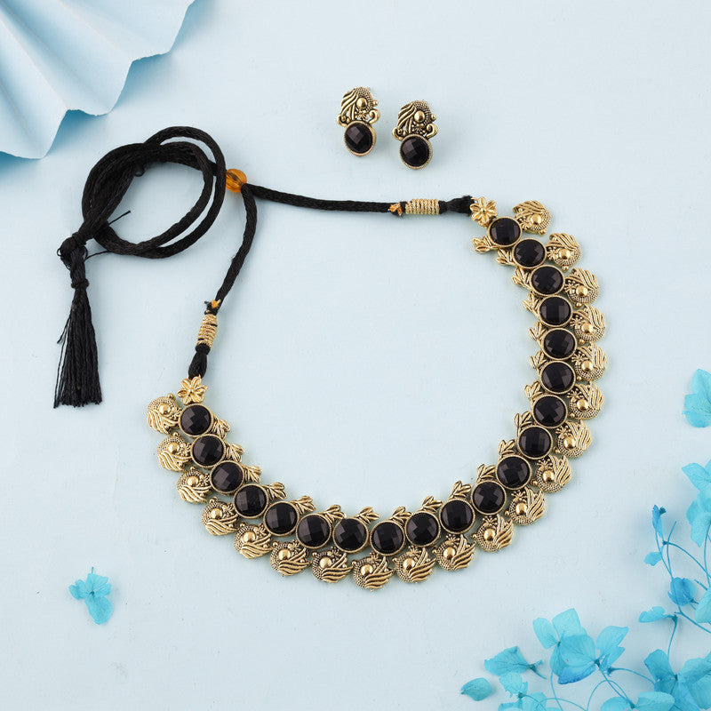 Tehzeeb Creations Black Colour Gold-Polished Stone Jewellery Choker Necklace Set With Matching Pair of Stud Earrings Tehzeeb Creations