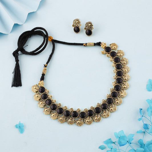 Tehzeeb Creations Black Colour Gold-Polished Stone Jewellery Choker Necklace Set With Matching Pair of Stud Earrings Tehzeeb Creations