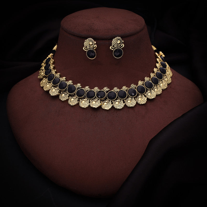 Tehzeeb Creations Black Colour Gold-Polished Stone Jewellery Choker Necklace Set With Matching Pair of Stud Earrings Tehzeeb Creations