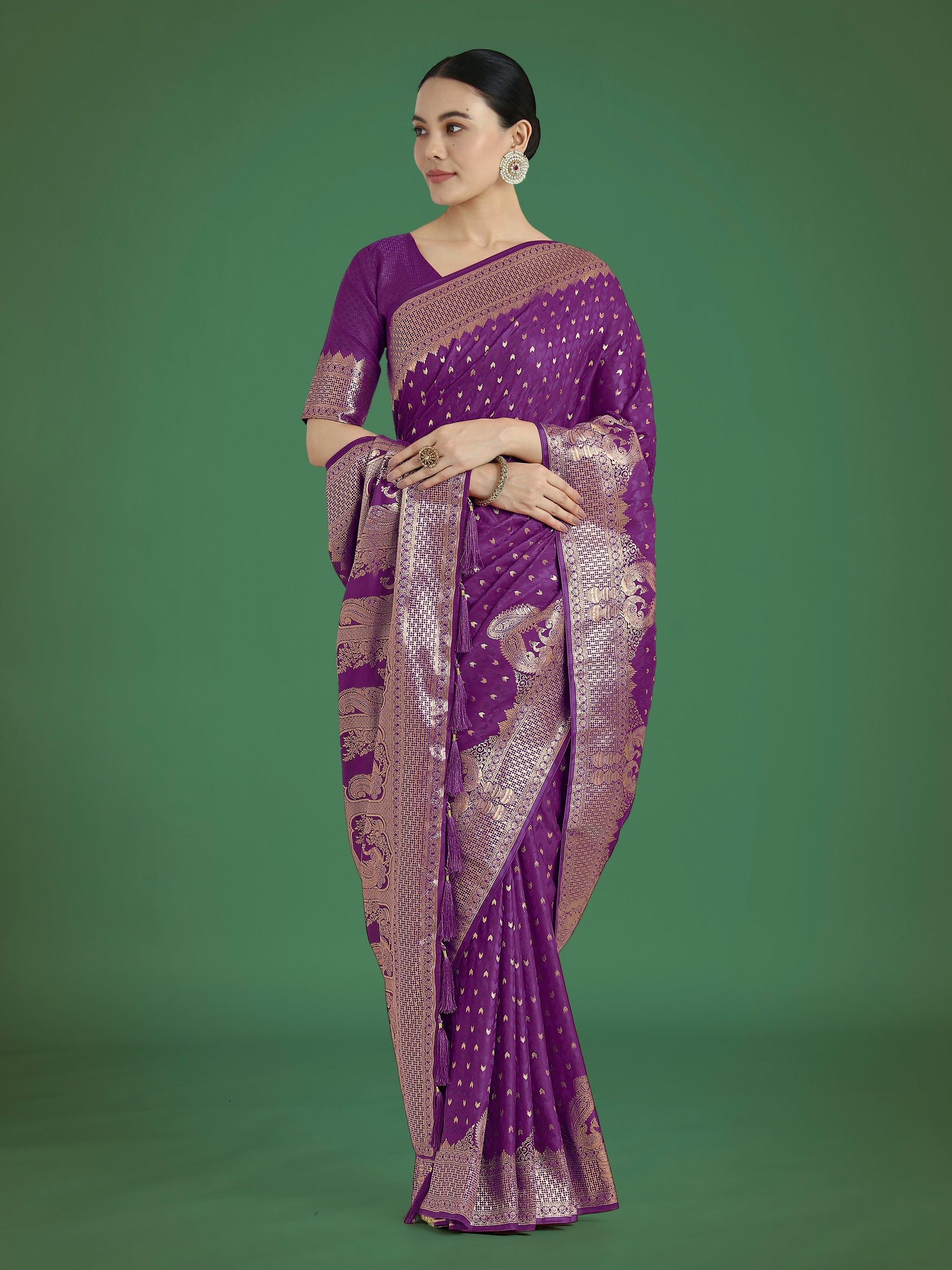 Monjolika Fashion Gorgeous Purple Woven Banarasi Satin Designer Silk Saree | Swadesiicart