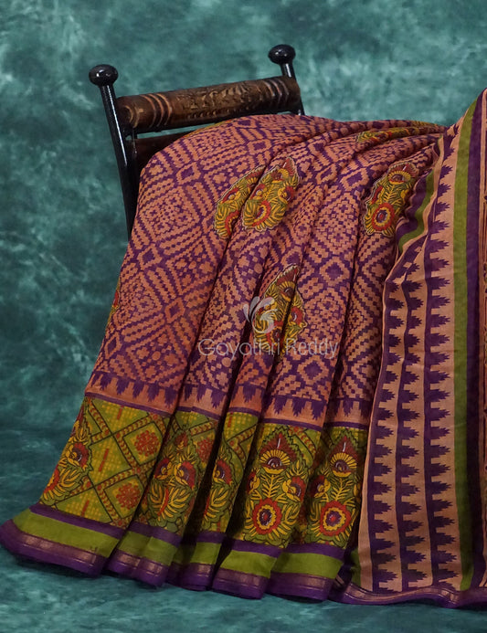 Light Orange And Purple Colour Printed Semi Chanderi Grab2Buy By Gayathri Reddy Designer Studio 
