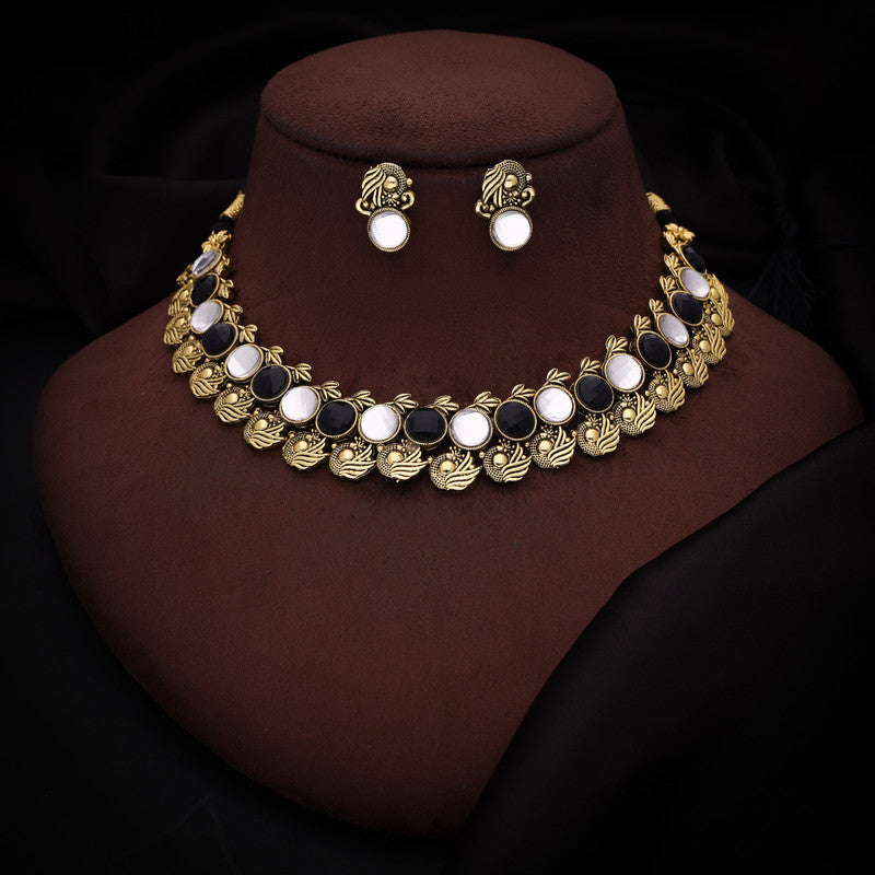 Tehzeeb Creations Black And White Colour Gold-Polished Stone Jewellery Choker Necklace Set With Matching Pair of Stud Earrings Tehzeeb Creations