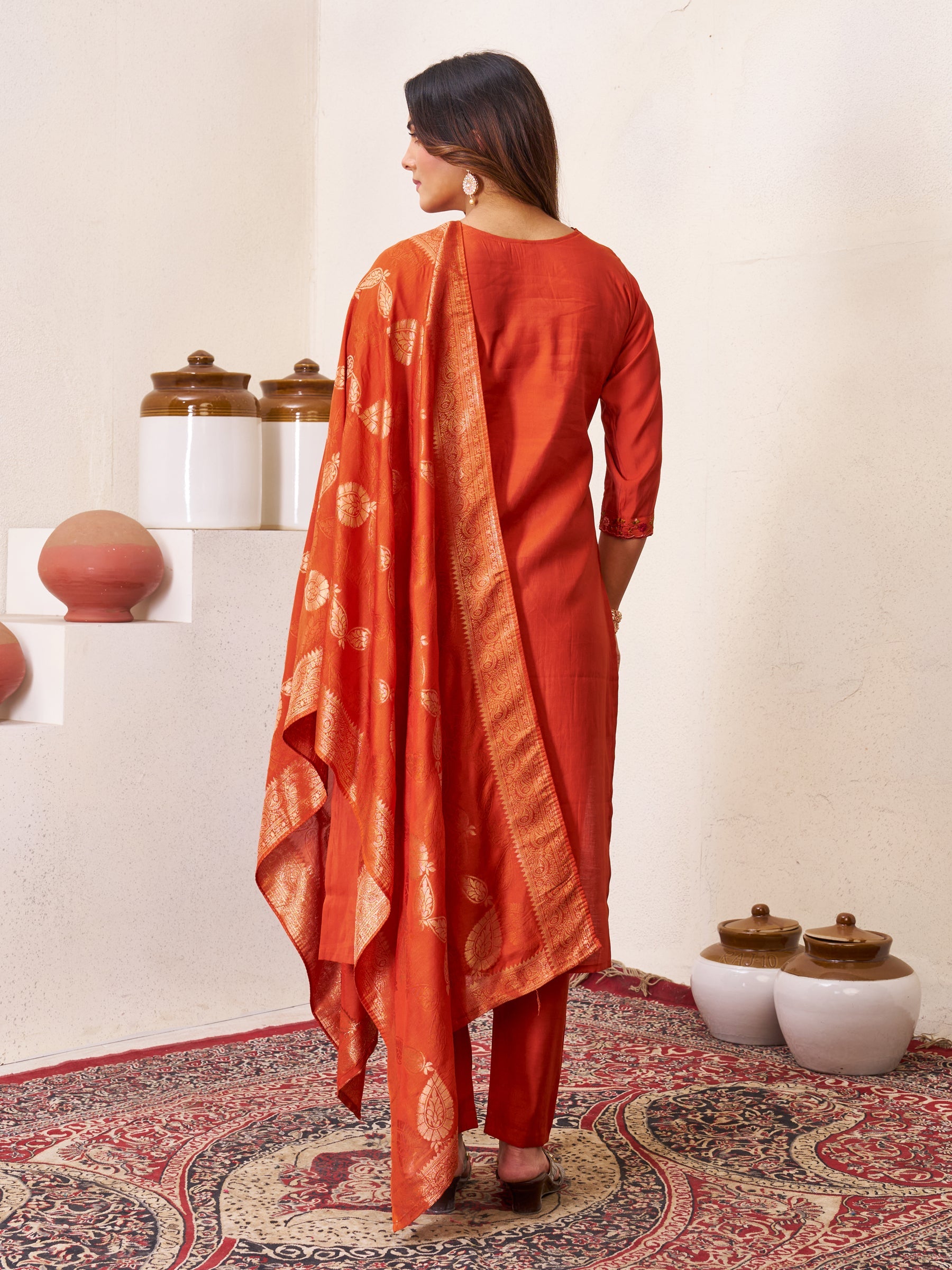Lorenvalley Fashion Rust Roman Silk Multi Embroidery Sequins With Hand Work Kurta Pant Dupatta