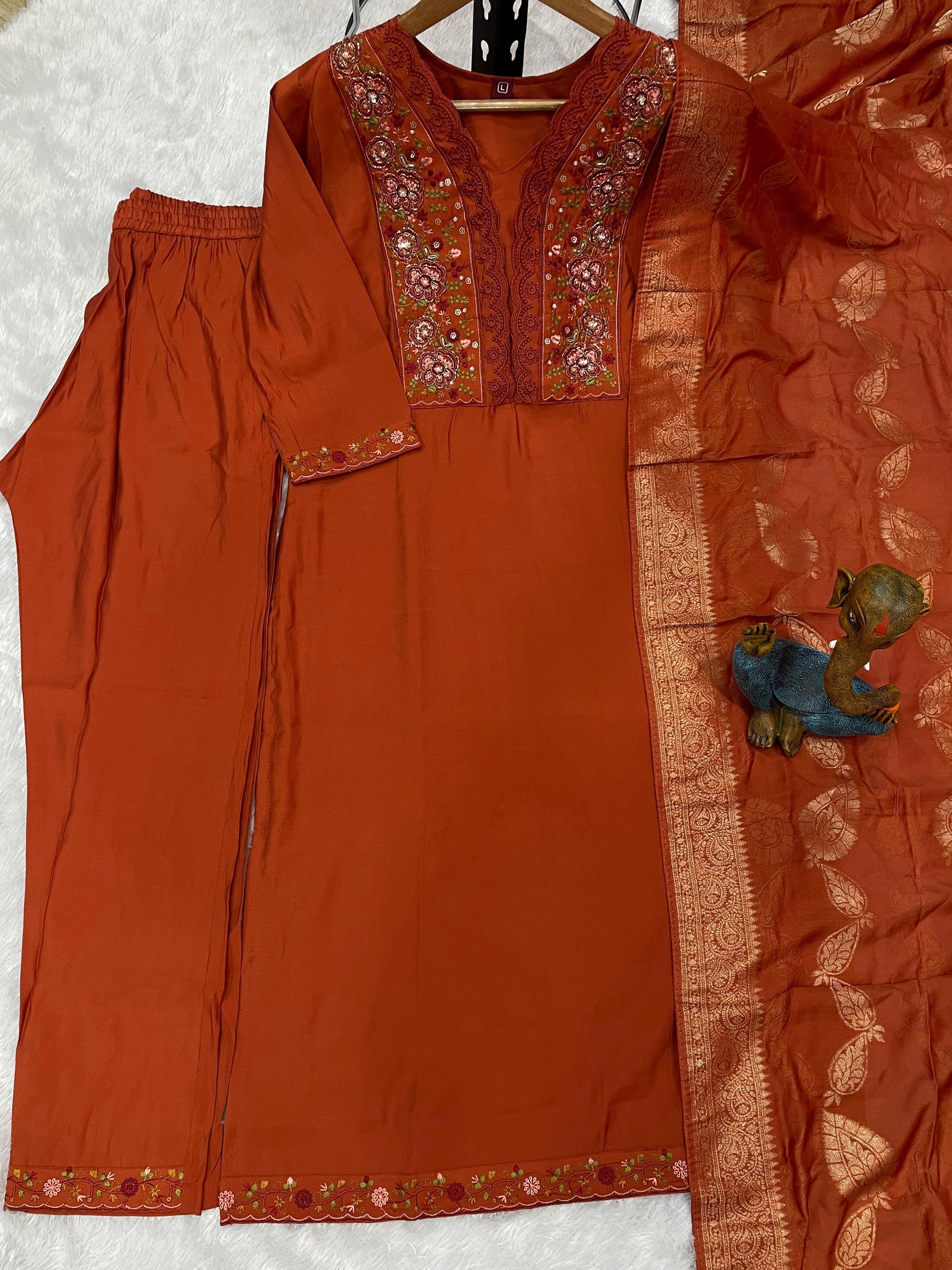 Lorenvalley Fashion Rust Roman Silk Multi Embroidery Sequins With Hand Work Kurta Pant Dupatta