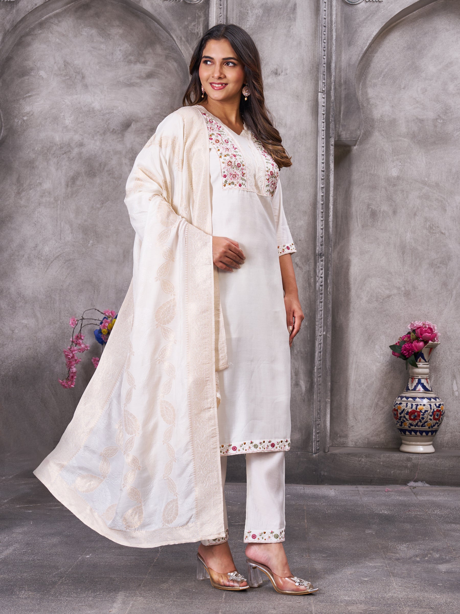 Lorenvalley Fashion White Roman Silk Multi Embroidery Sequins With Hand Work Kurta Pant Dupatta