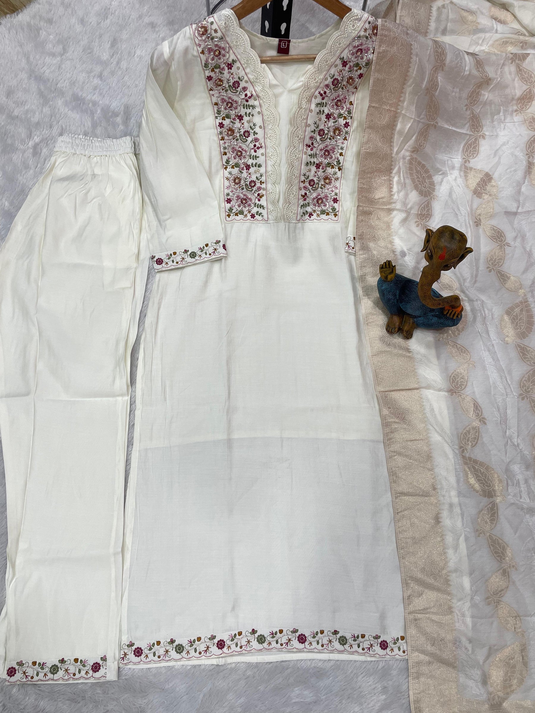 Lorenvalley Fashion White Roman Silk Multi Embroidery Sequins With Hand Work Kurta Pant Dupatta