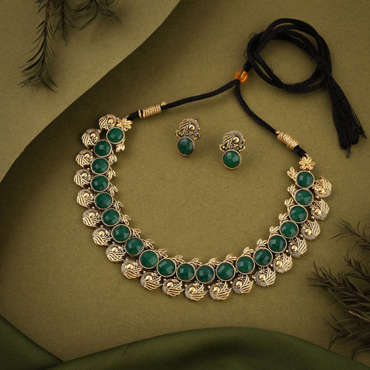 Tehzeeb Creations Green Colour Gold-Polished Stone Jewellery Choker Necklace Set With Matching Pair of Stud Earrings