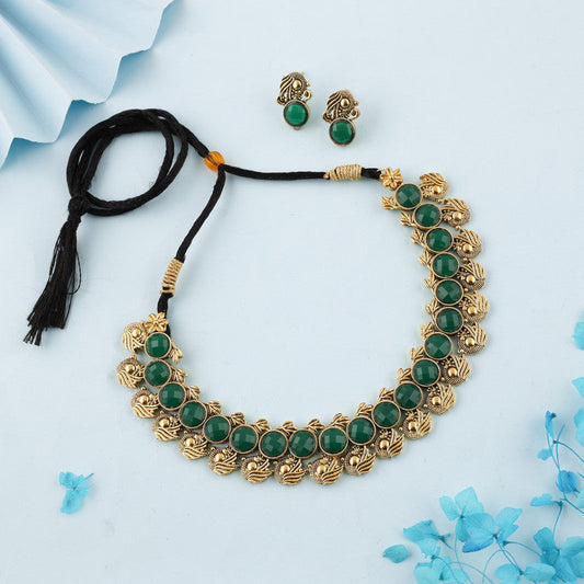 Tehzeeb Creations Green Colour Gold-Polished Stone Jewellery Choker Necklace Set With Matching Pair of Stud Earrings