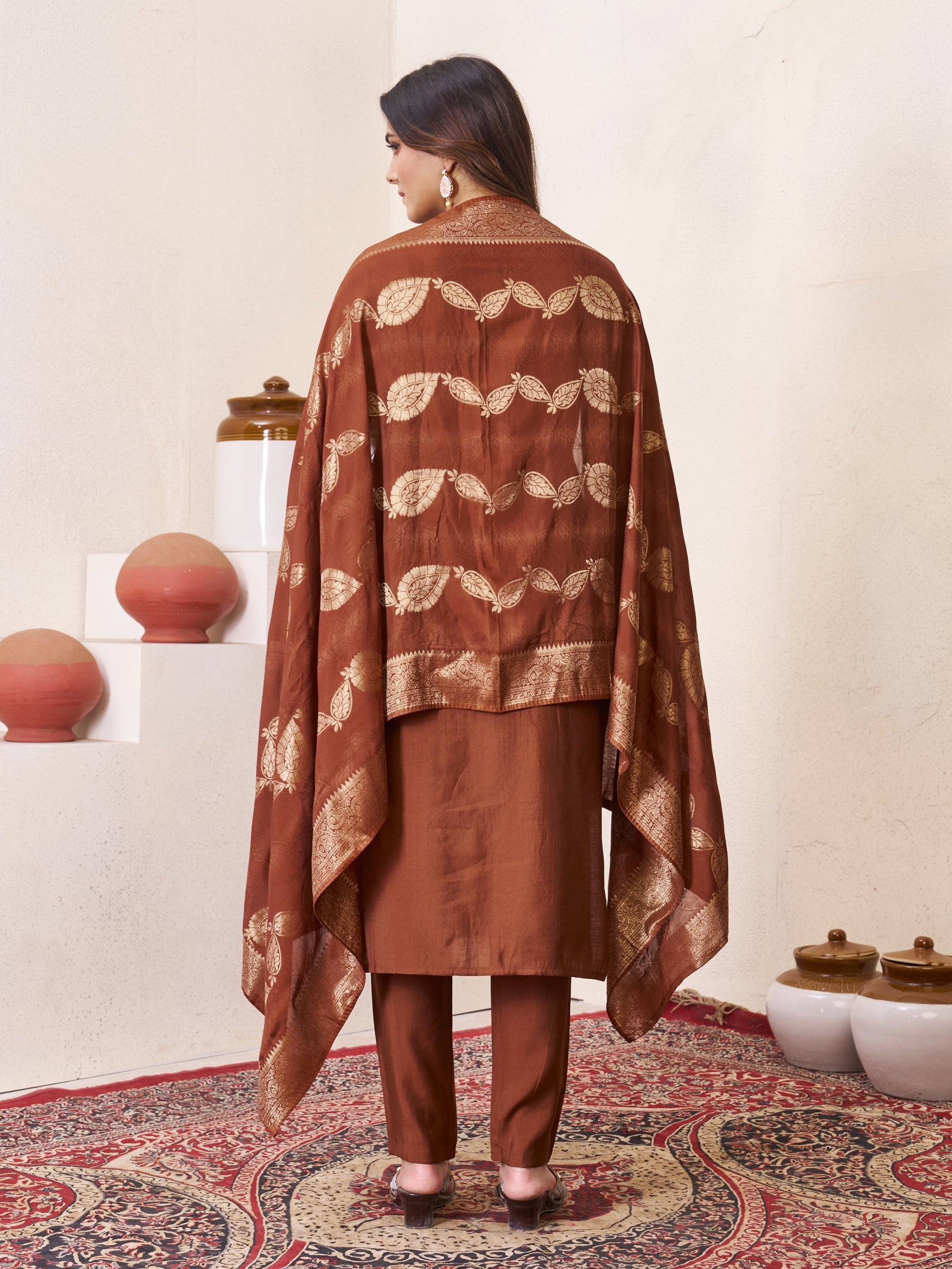 Lorenvalley Fashion Coffee Roman Silk Multi Embroidery Sequins With Hand Work Kurta Pant Dupatta