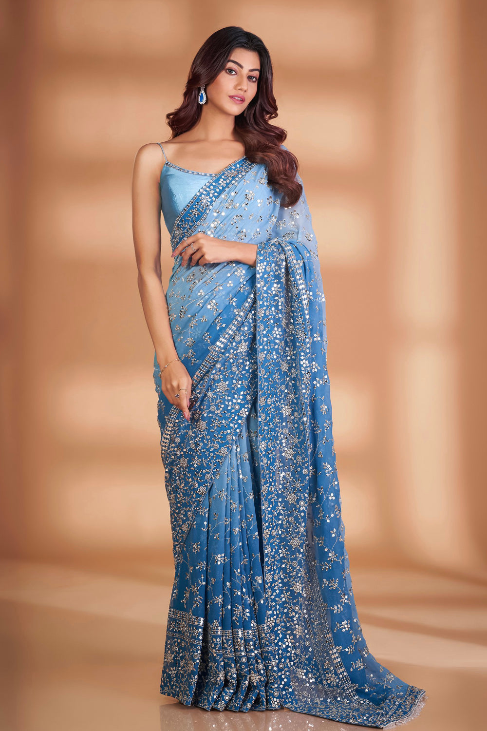 Teeya Creation Blue Color Georgette Embroidery Work Saree