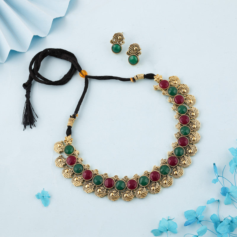 Tehzeeb Creations Green And Maroon Colour Gold-Polished Stone Jewellery Choker Necklace Set With Matching Pair of Stud Earrings Tehzeeb Creations