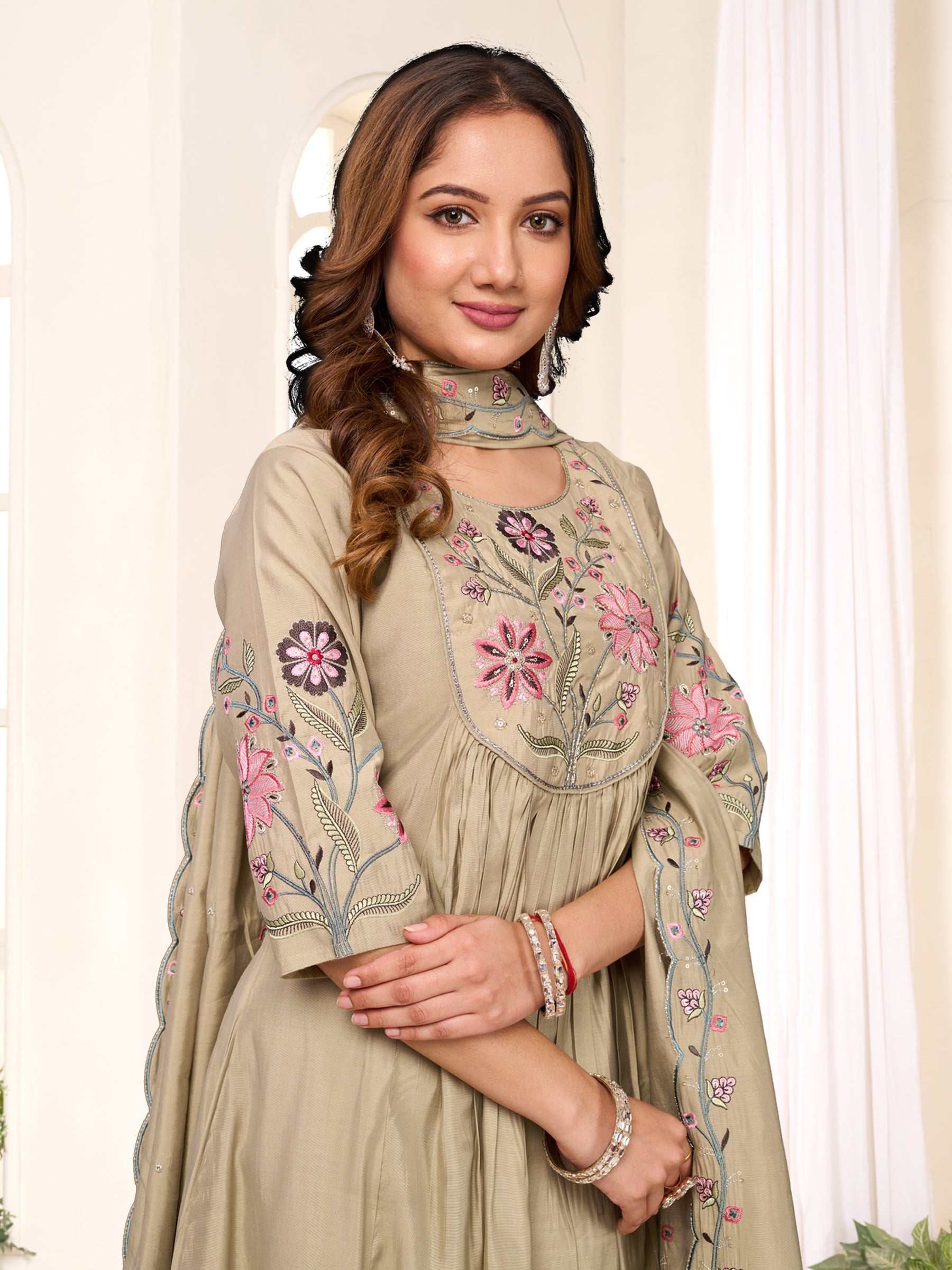 Lorenvalley Fashion Pista Viscose Roman Silk Multi Embroidery Thread With Hand Work Anarkali Kurti Pant Dupatta