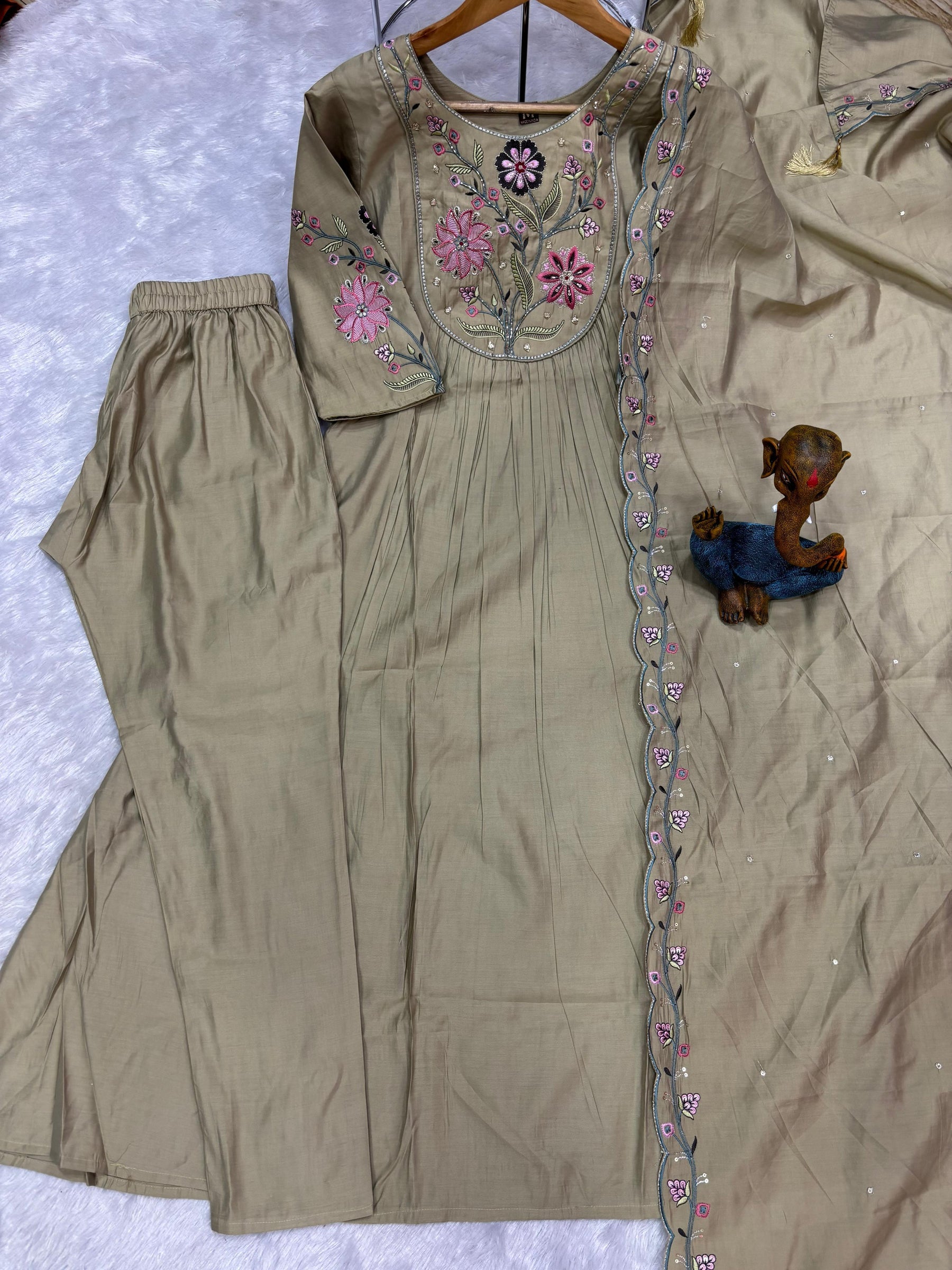 Lorenvalley Fashion Pista Viscose Roman Silk Multi Embroidery Thread With Hand Work Anarkali Kurti Pant Dupatta