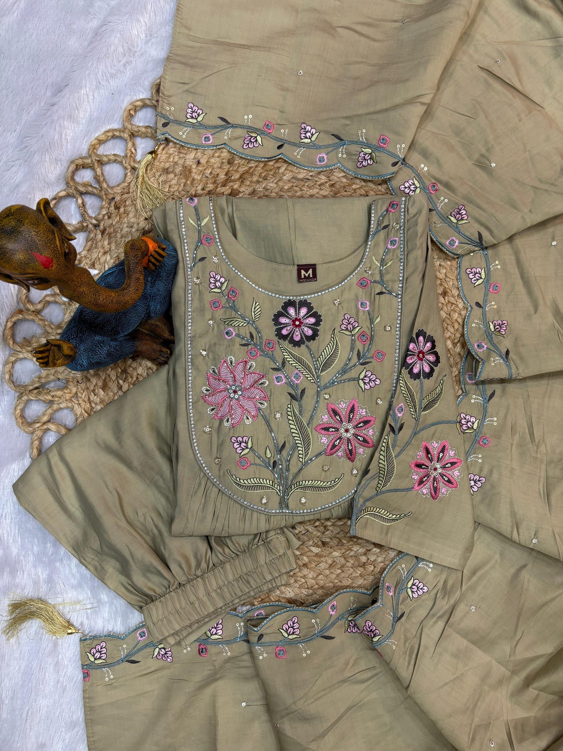 Lorenvalley Fashion Pista Viscose Roman Silk Multi Embroidery Thread With Hand Work Anarkali Kurti Pant Dupatta