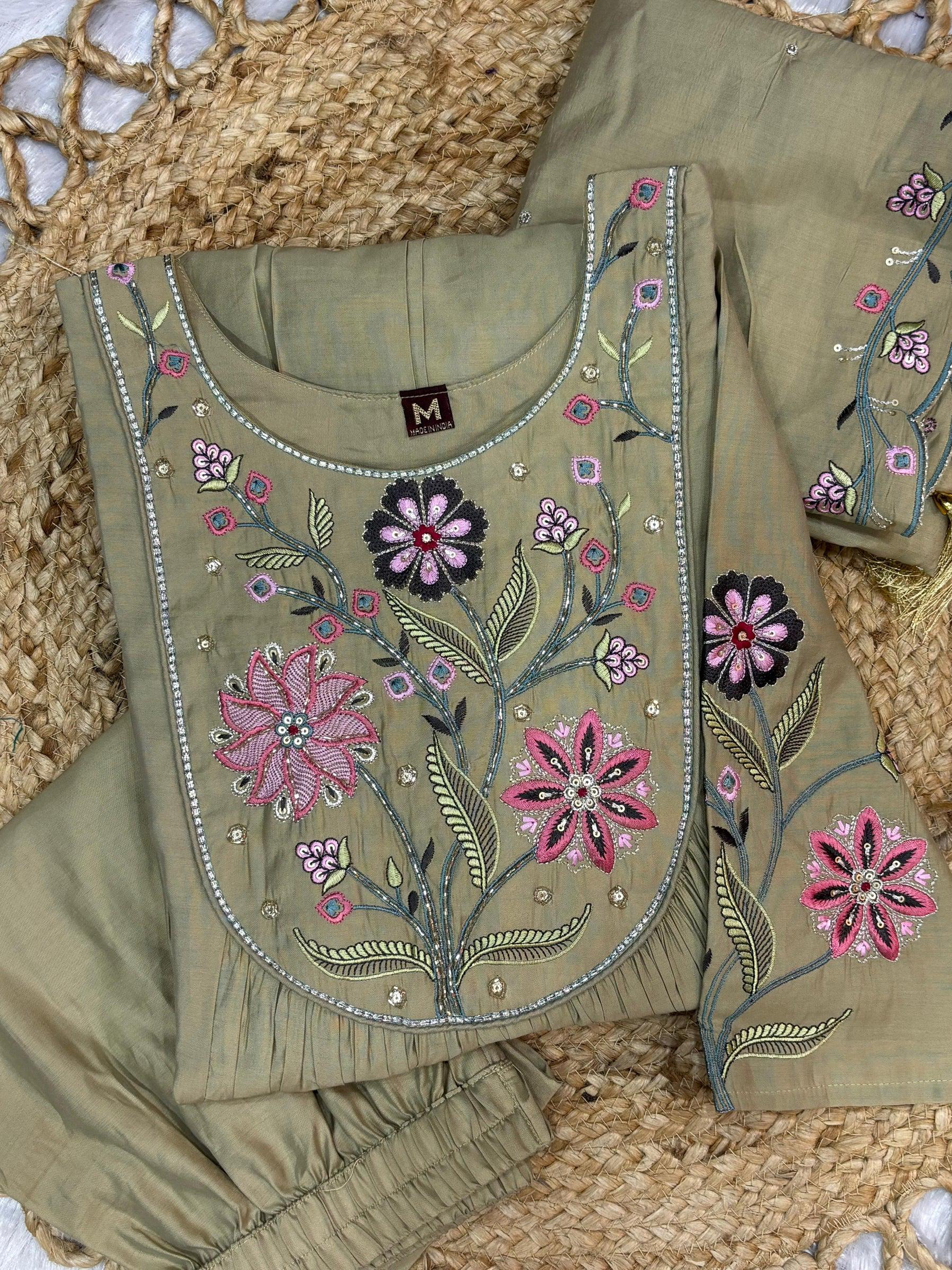 Lorenvalley Fashion Pista Viscose Roman Silk Multi Embroidery Thread With Hand Work Anarkali Kurti Pant Dupatta