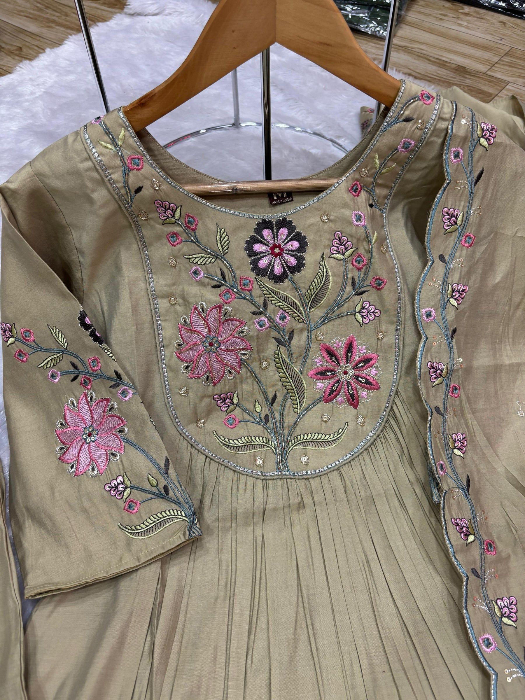 Lorenvalley Fashion Pista Viscose Roman Silk Multi Embroidery Thread With Hand Work Anarkali Kurti Pant Dupatta