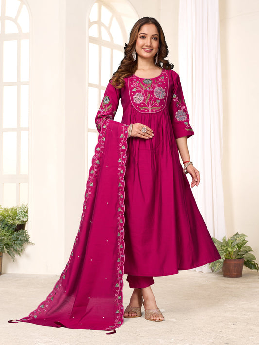 Lorenvalley Fashion Ranipink Viscose Roman Silk Multi Embroidery Thread With Hand Work Anarkali Kurti Pant Dupatta