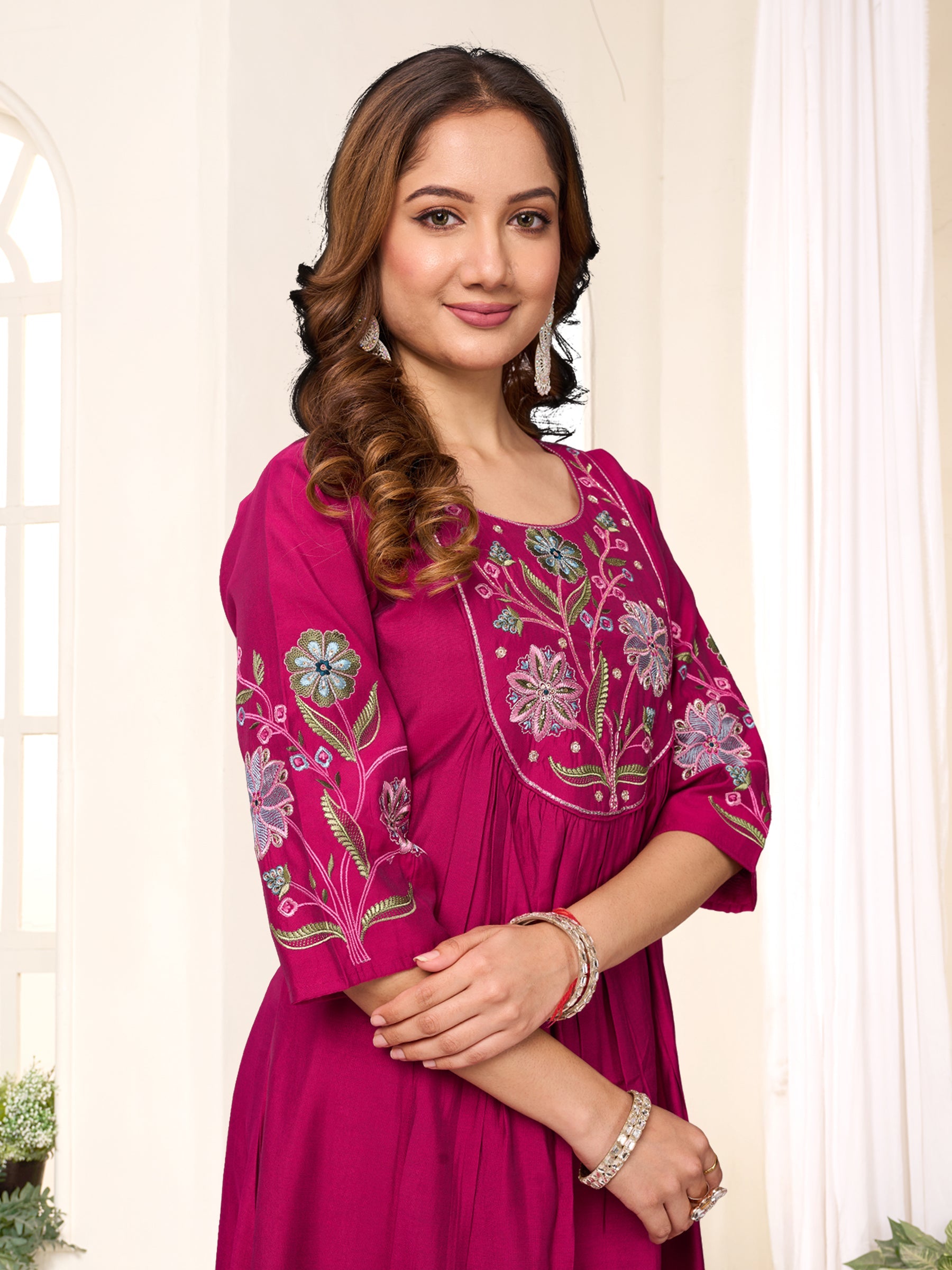 Lorenvalley Fashion Ranipink Viscose Roman Silk Multi Embroidery Thread With Hand Work Anarkali Kurti Pant Dupatta