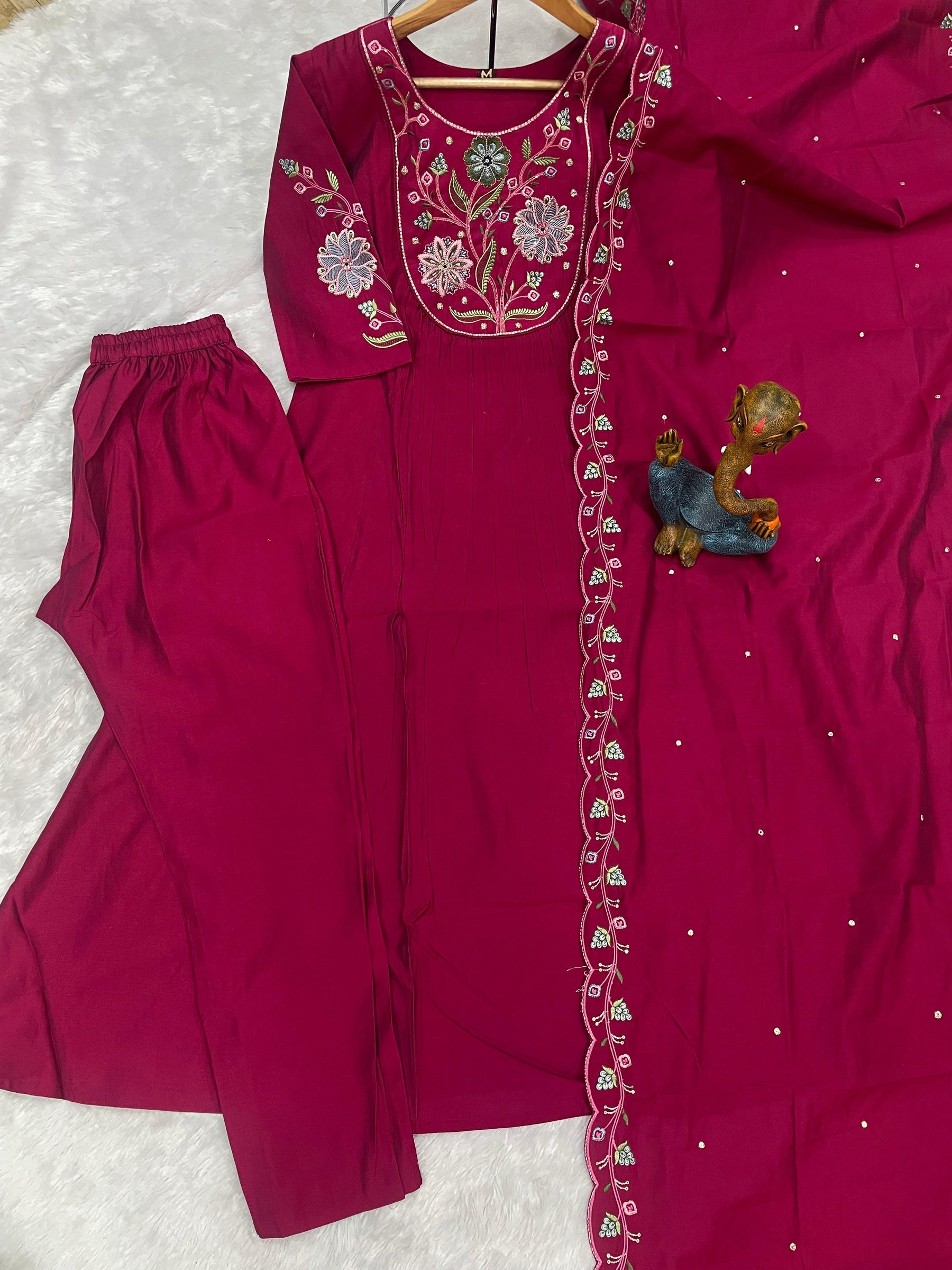 Lorenvalley Fashion Ranipink Viscose Roman Silk Multi Embroidery Thread With Hand Work Anarkali Kurti Pant Dupatta
