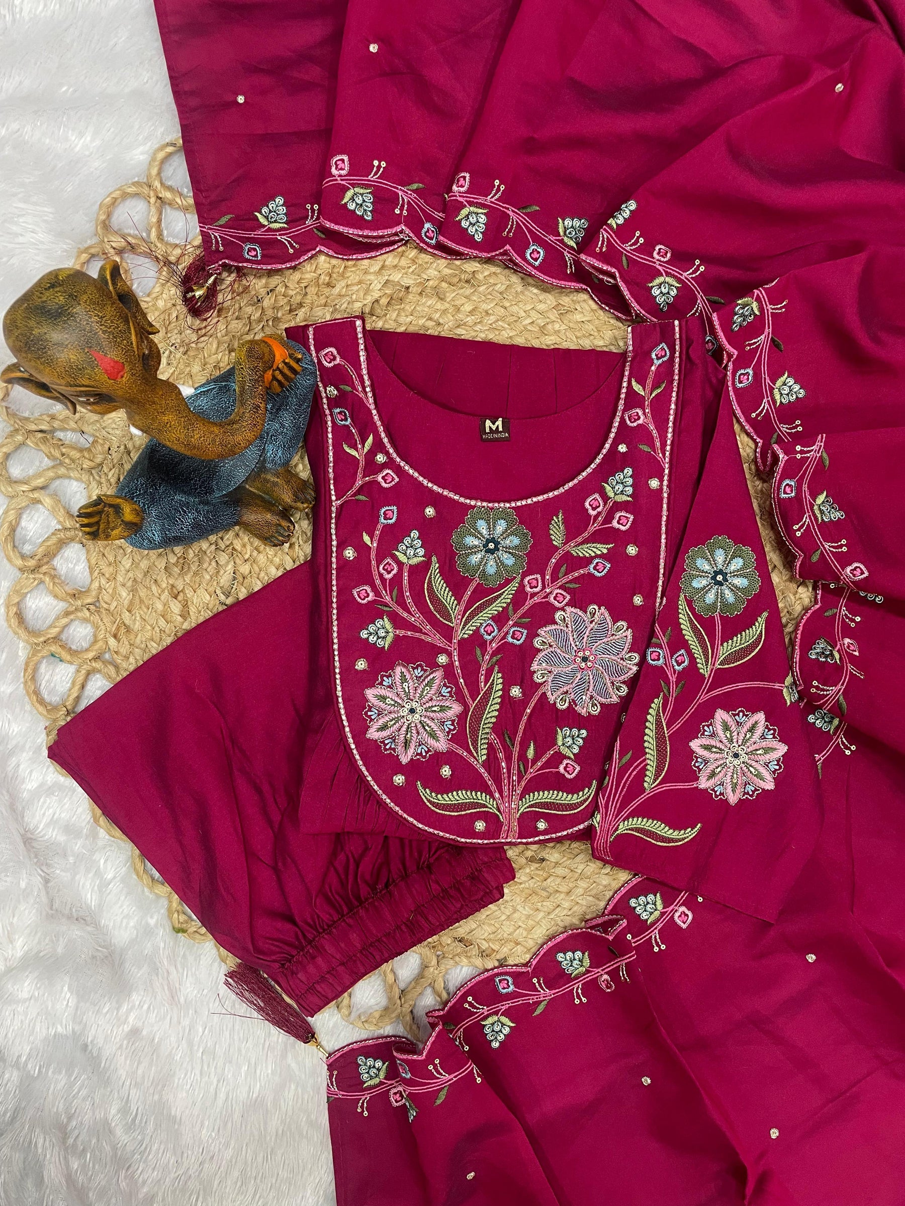 Lorenvalley Fashion Ranipink Viscose Roman Silk Multi Embroidery Thread With Hand Work Anarkali Kurti Pant Dupatta