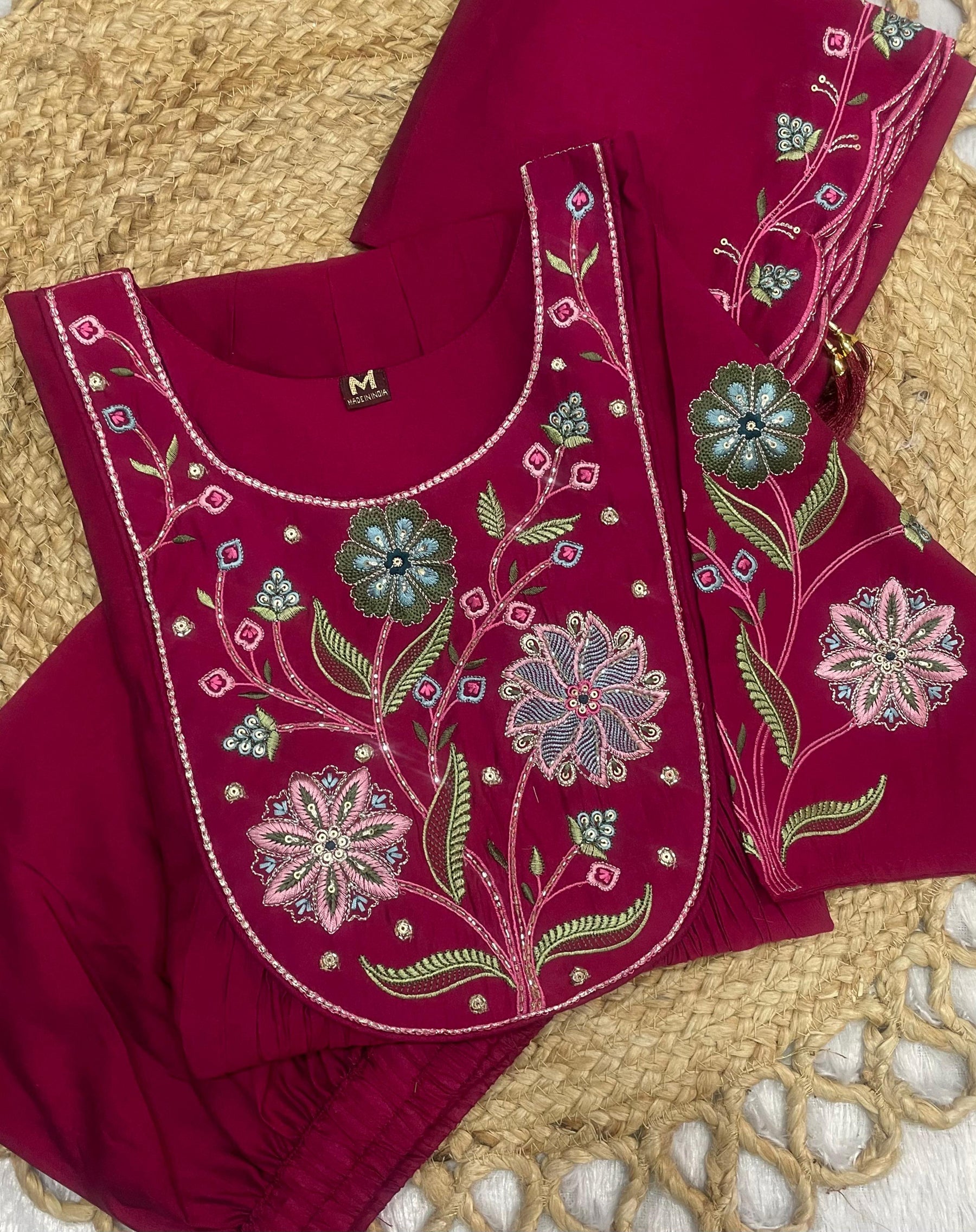 Lorenvalley Fashion Ranipink Viscose Roman Silk Multi Embroidery Thread With Hand Work Anarkali Kurti Pant Dupatta