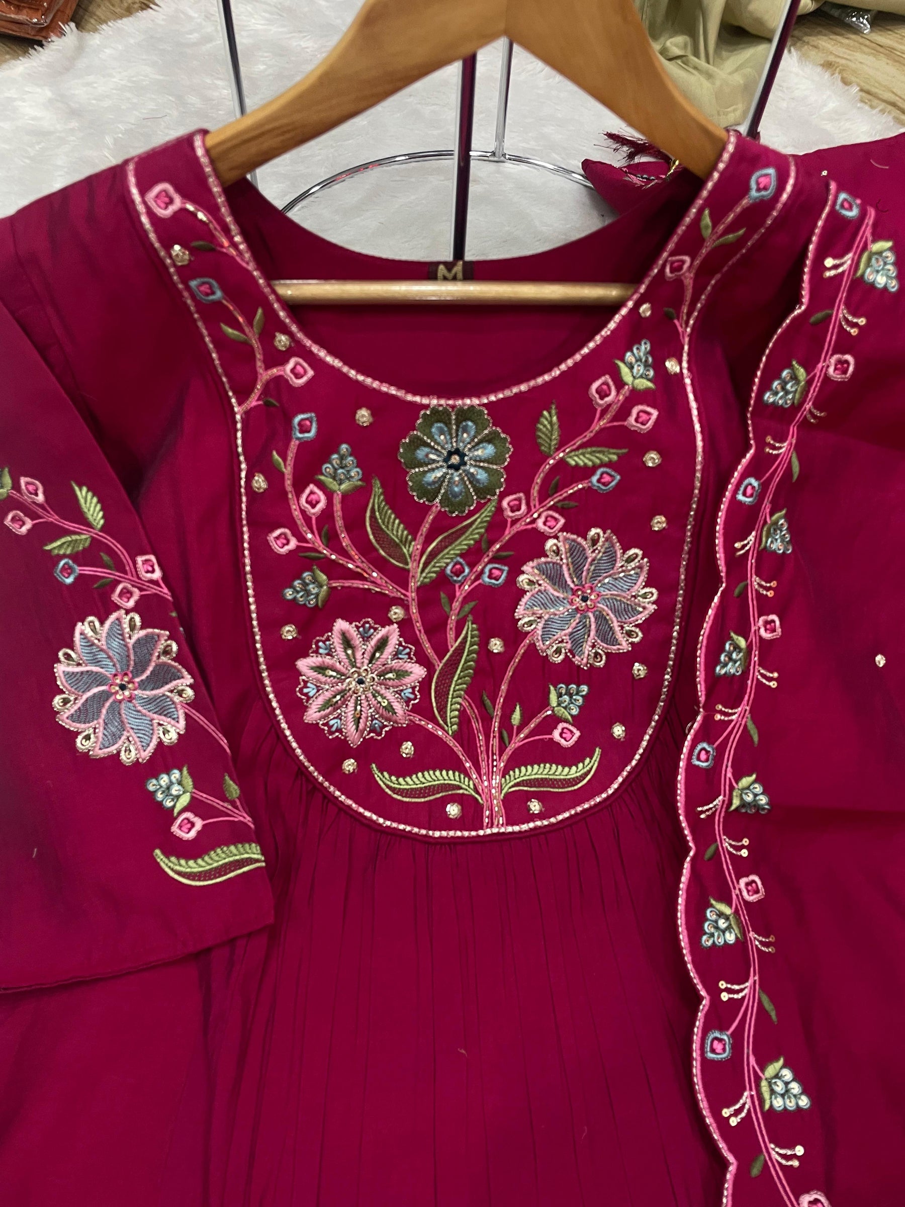 Lorenvalley Fashion Ranipink Viscose Roman Silk Multi Embroidery Thread With Hand Work Anarkali Kurti Pant Dupatta