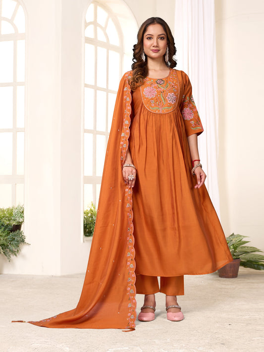 Lorenvalley Fashion Rust Viscose Roman Silk Multi Embroidery Thread With Hand Work Anarkali Kurti Pant Dupatta