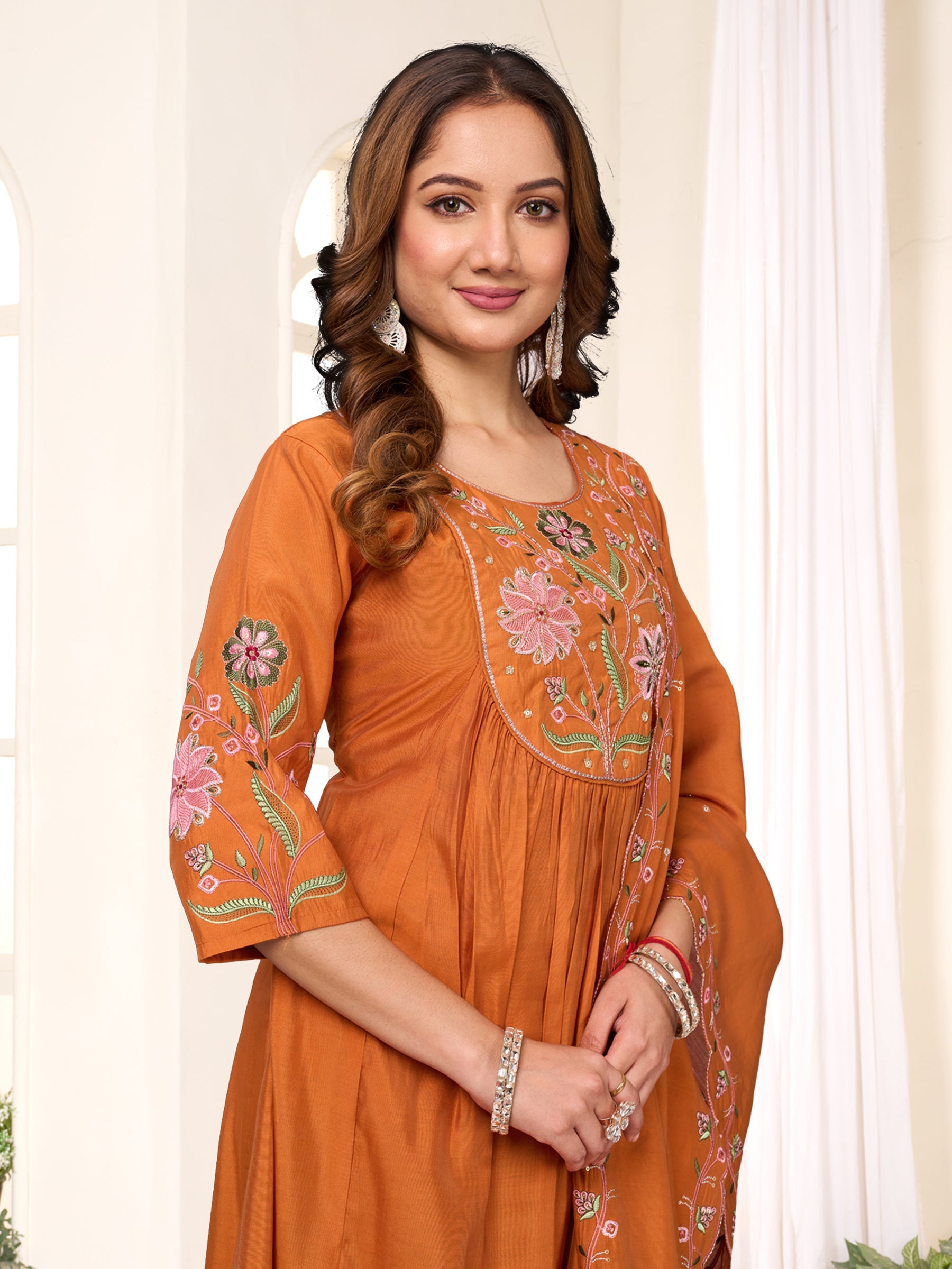 Lorenvalley Fashion Rust Viscose Roman Silk Multi Embroidery Thread With Hand Work Anarkali Kurti Pant Dupatta