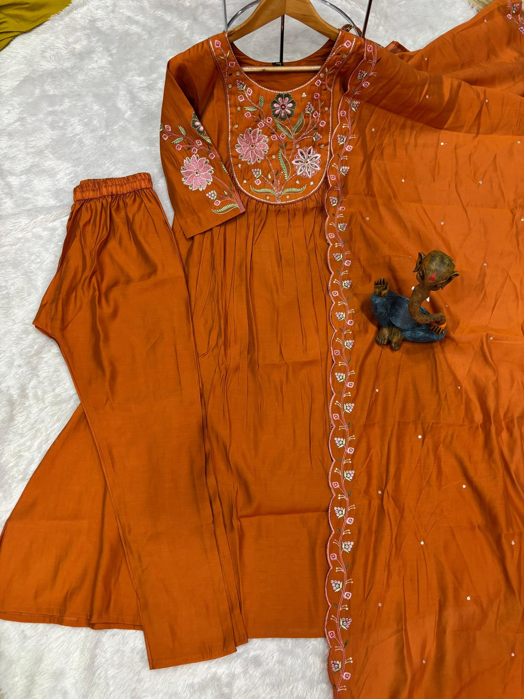 Lorenvalley Fashion Rust Viscose Roman Silk Multi Embroidery Thread With Hand Work Anarkali Kurti Pant Dupatta