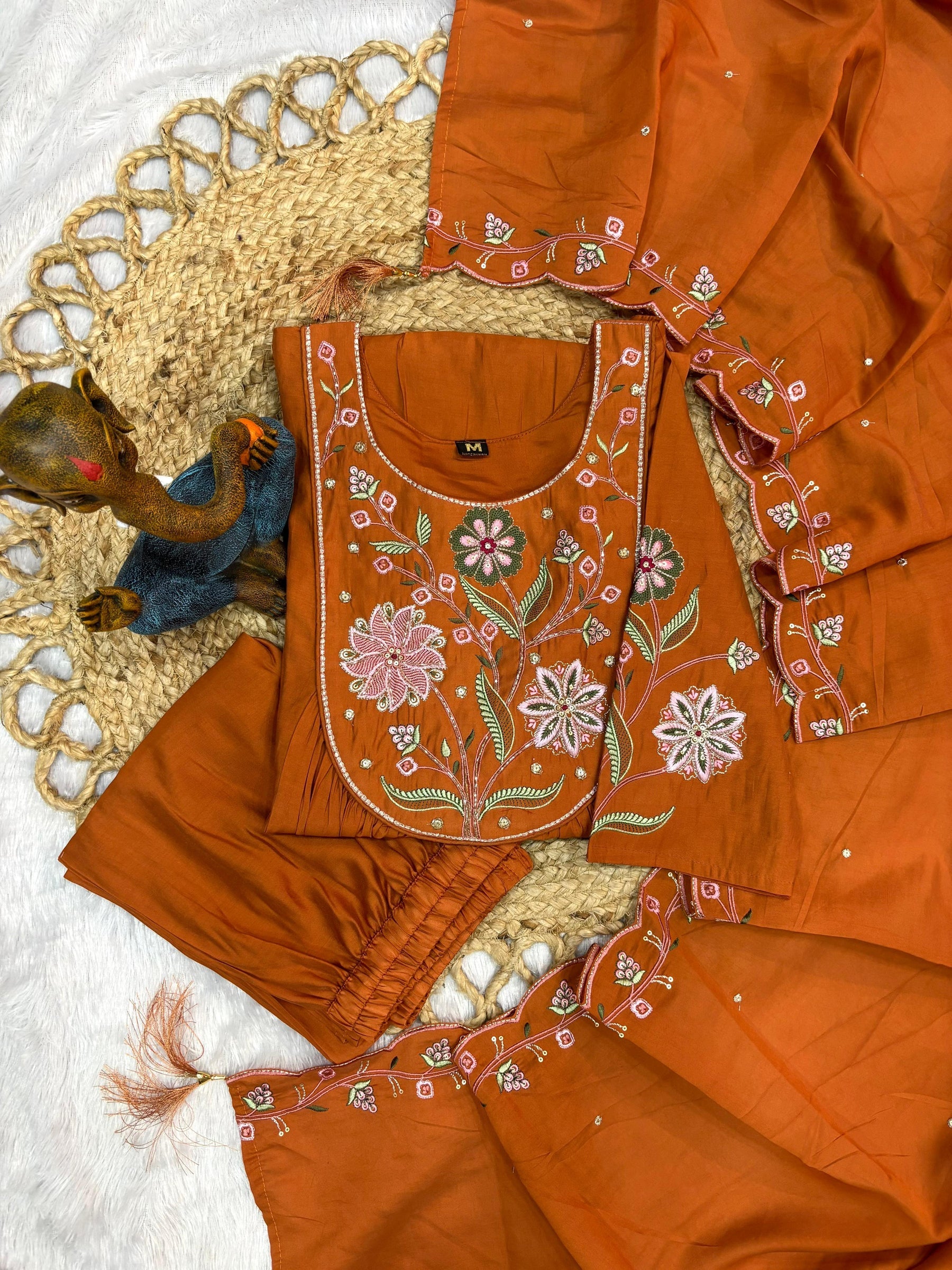 Lorenvalley Fashion Rust Viscose Roman Silk Multi Embroidery Thread With Hand Work Anarkali Kurti Pant Dupatta