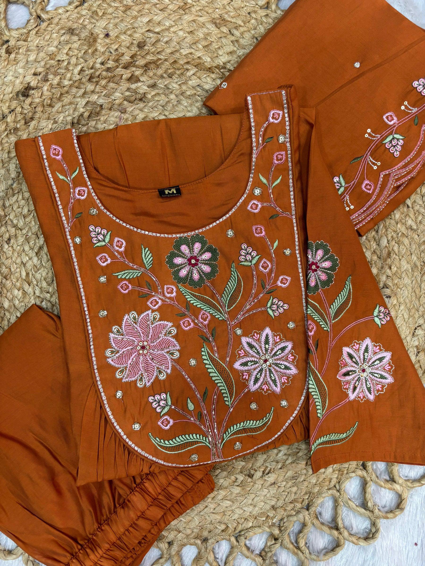 Lorenvalley Fashion Rust Viscose Roman Silk Multi Embroidery Thread With Hand Work Anarkali Kurti Pant Dupatta