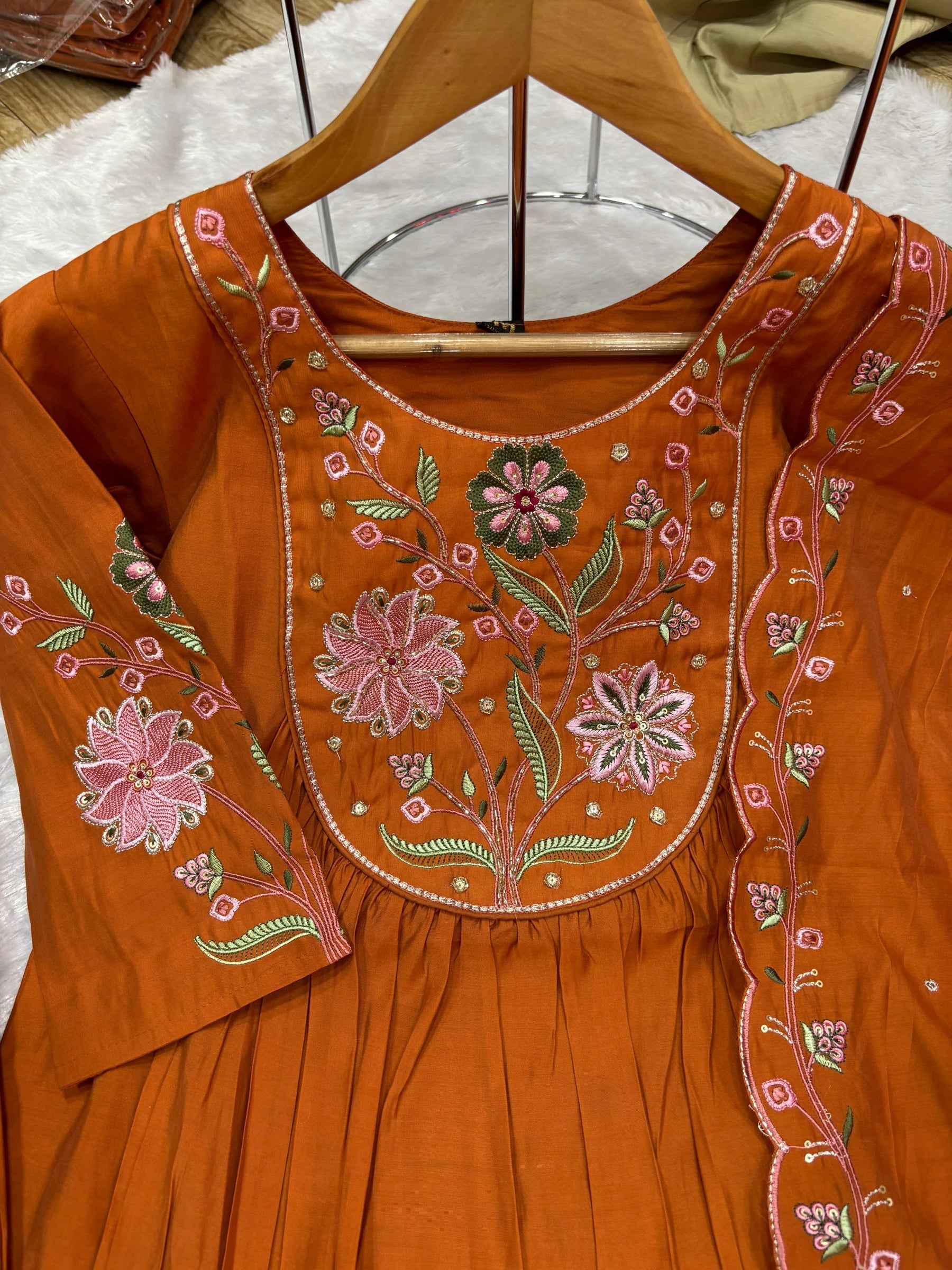 Lorenvalley Fashion Rust Viscose Roman Silk Multi Embroidery Thread With Hand Work Anarkali Kurti Pant Dupatta