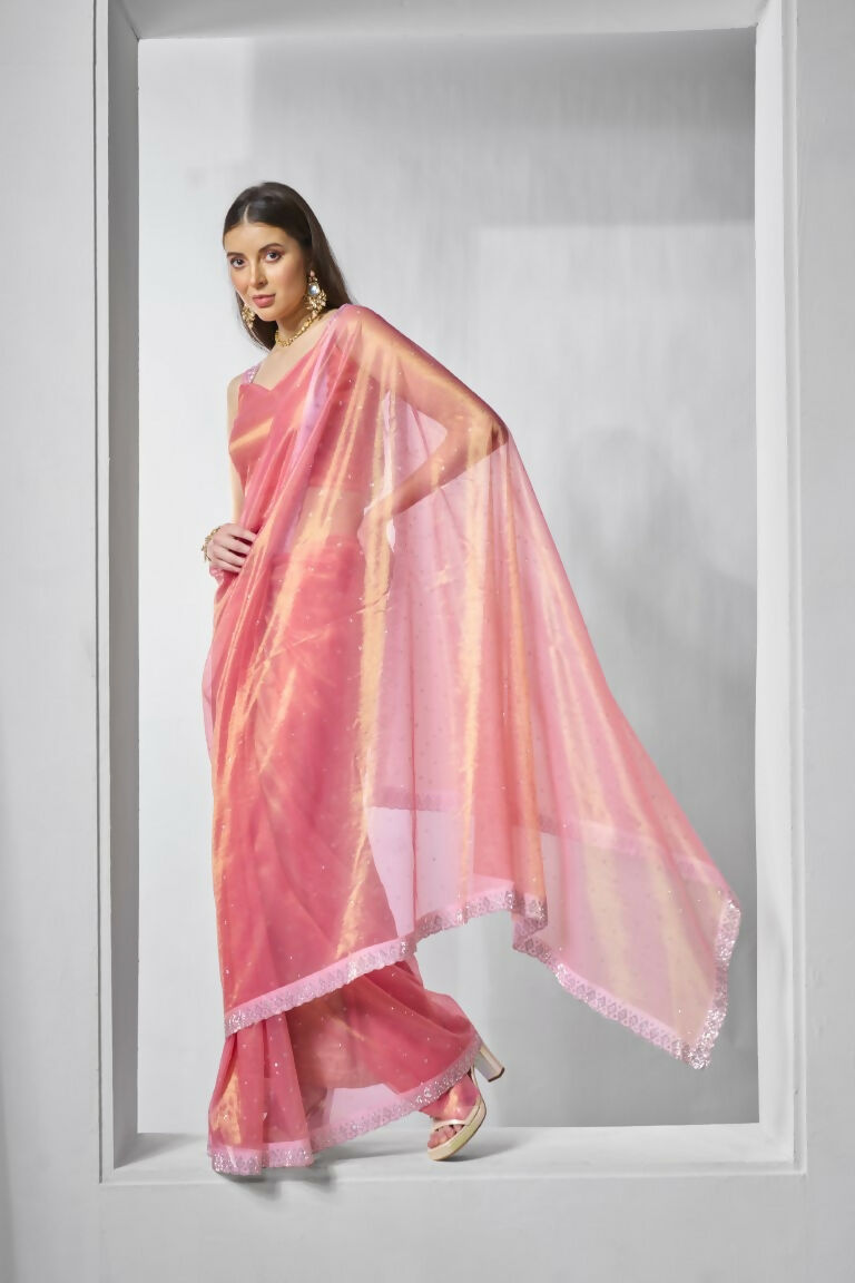 Pink Gold Tissue Net Solid & Gold Cotted Saree - Samaa