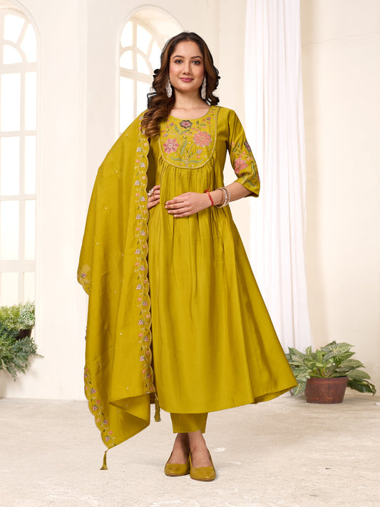 Lorenvalley Fashion Yellow Viscose Roman Silk Multi Embroidery Thread With Hand Work Anarkali Kurti Pant Dupatta