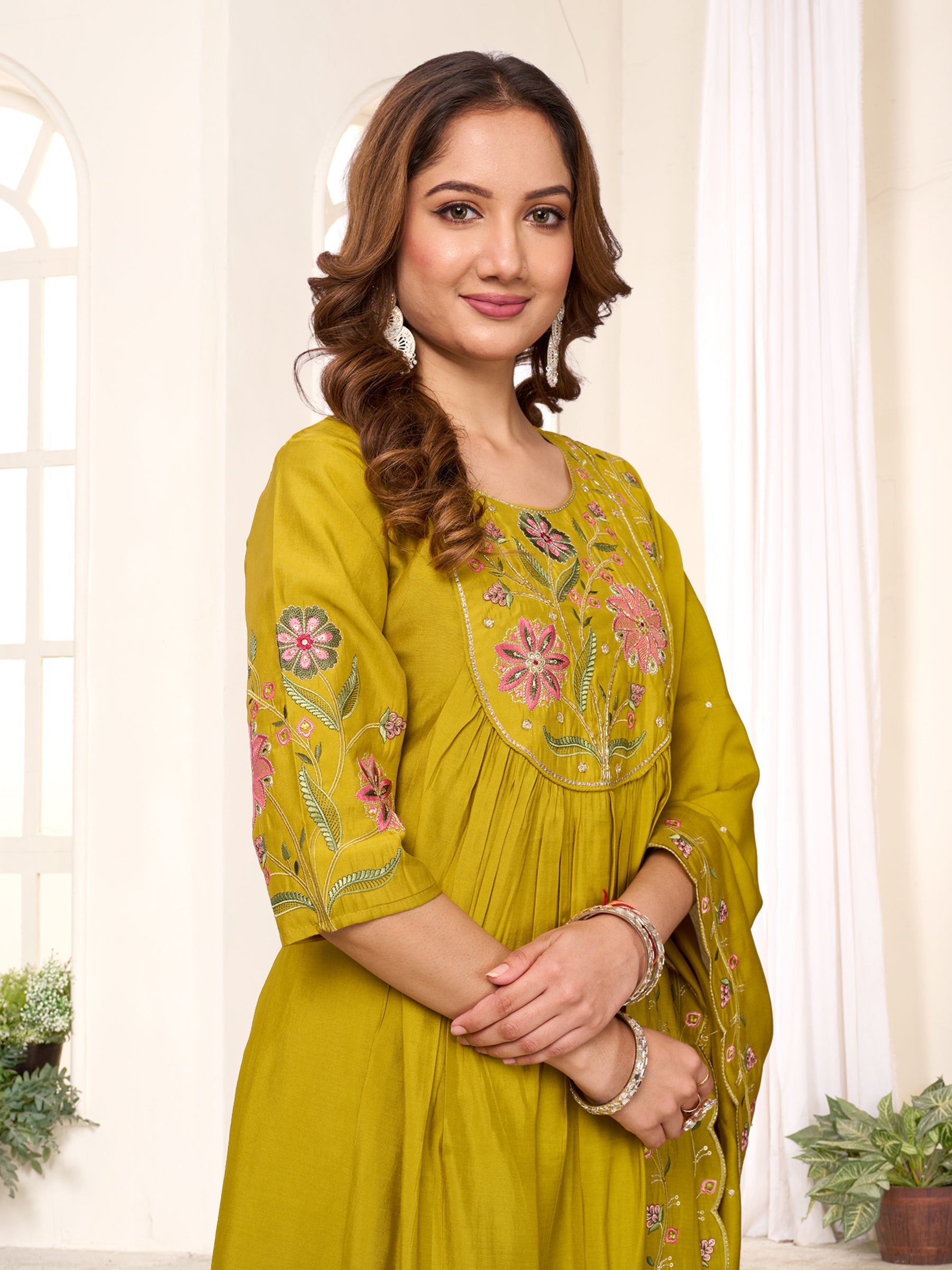 Lorenvalley Fashion Yellow Viscose Roman Silk Multi Embroidery Thread With Hand Work Anarkali Kurti Pant Dupatta