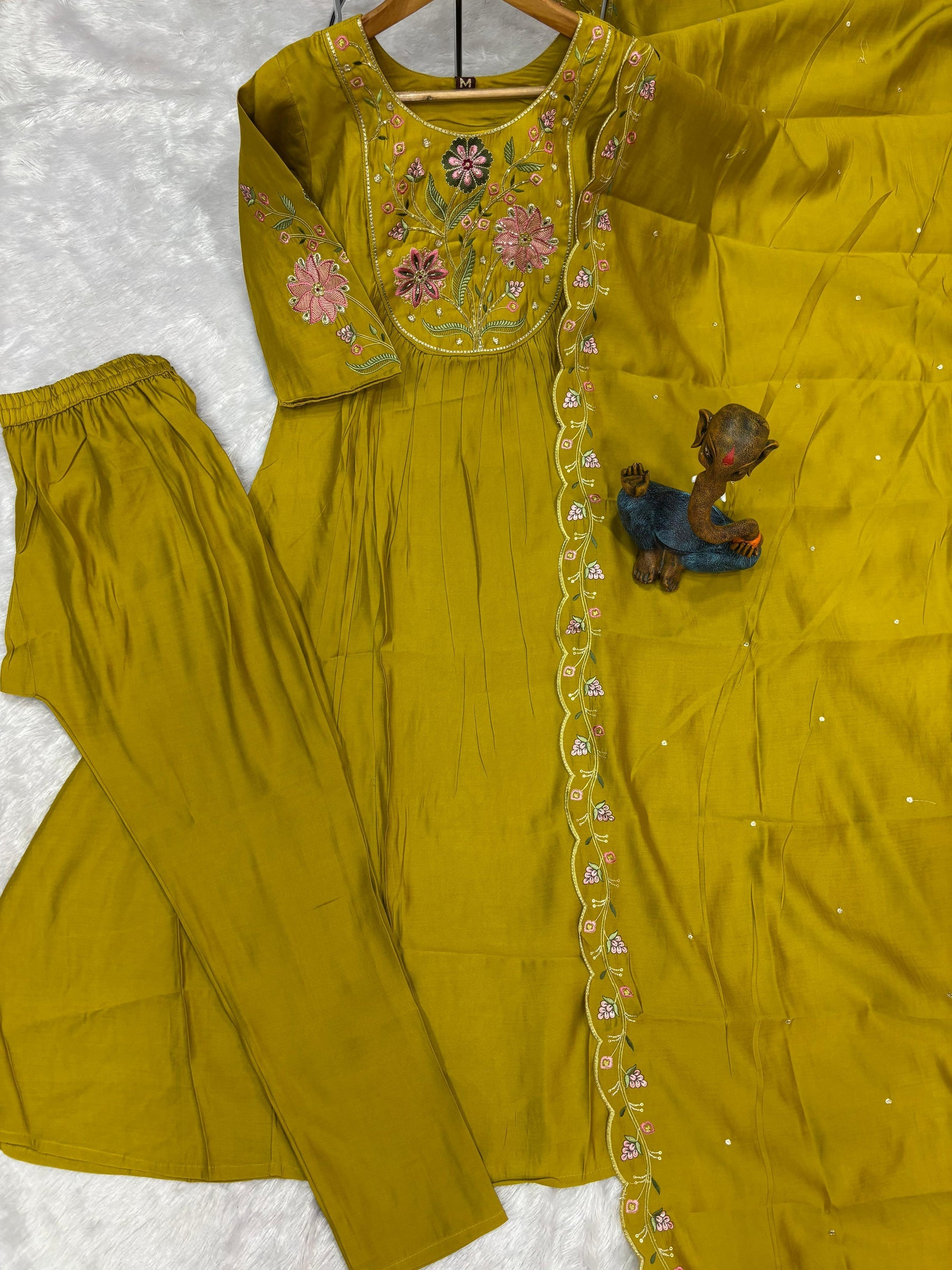 Lorenvalley Fashion Yellow Viscose Roman Silk Multi Embroidery Thread With Hand Work Anarkali Kurti Pant Dupatta