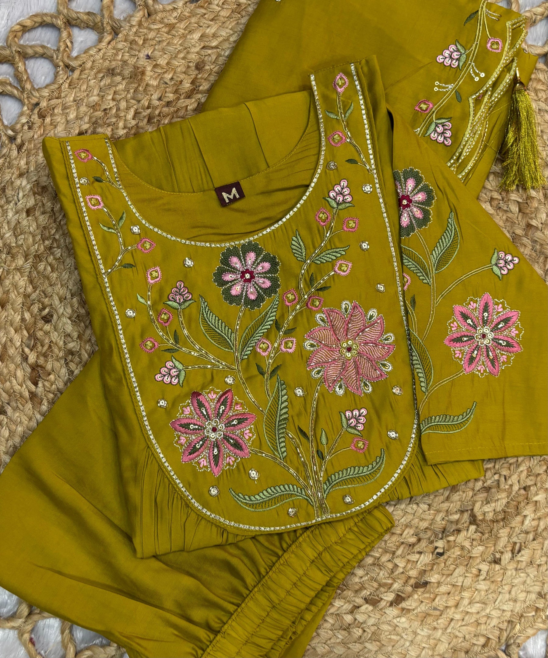 Lorenvalley Fashion Yellow Viscose Roman Silk Multi Embroidery Thread With Hand Work Anarkali Kurti Pant Dupatta