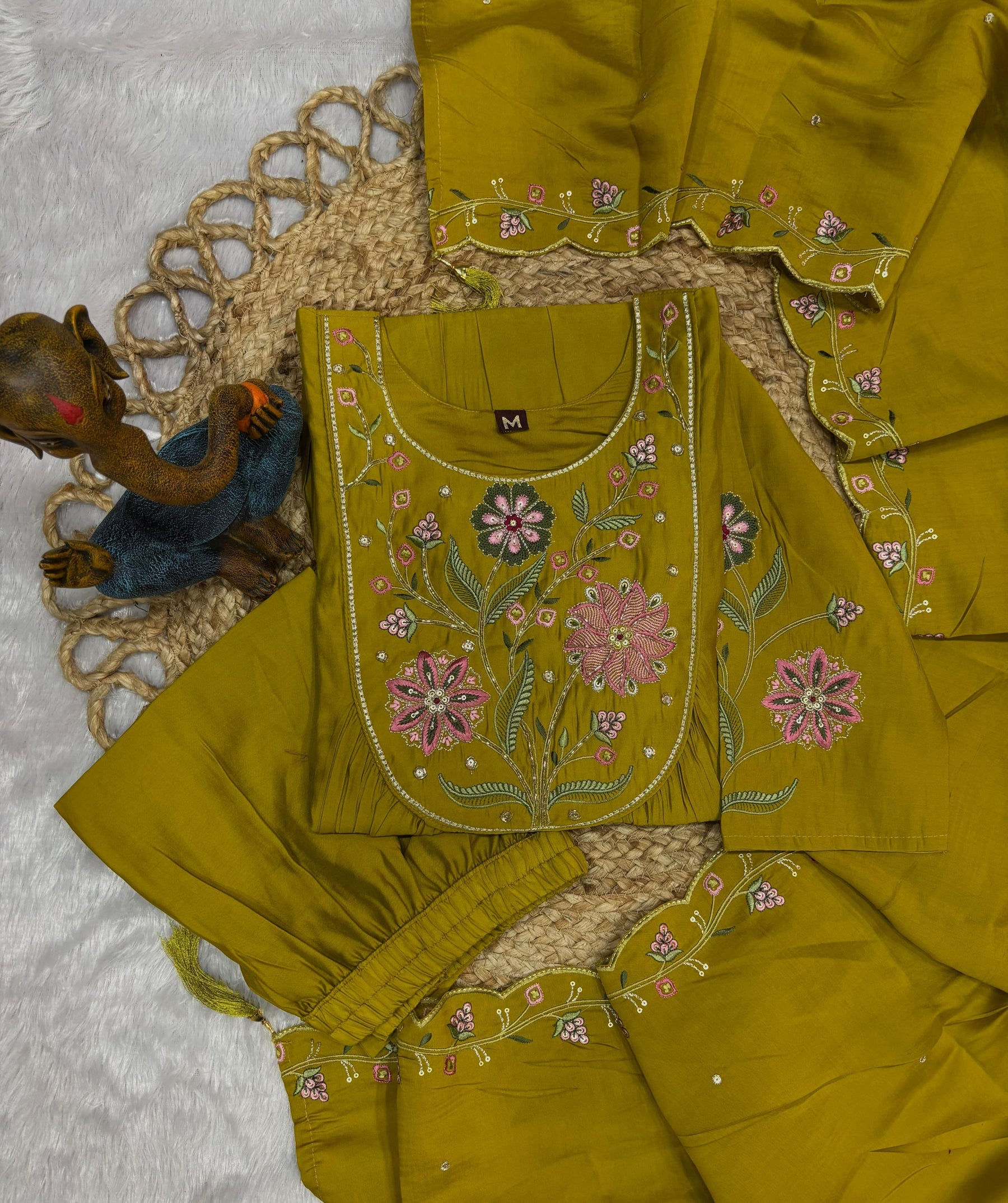 Lorenvalley Fashion Yellow Viscose Roman Silk Multi Embroidery Thread With Hand Work Anarkali Kurti Pant Dupatta
