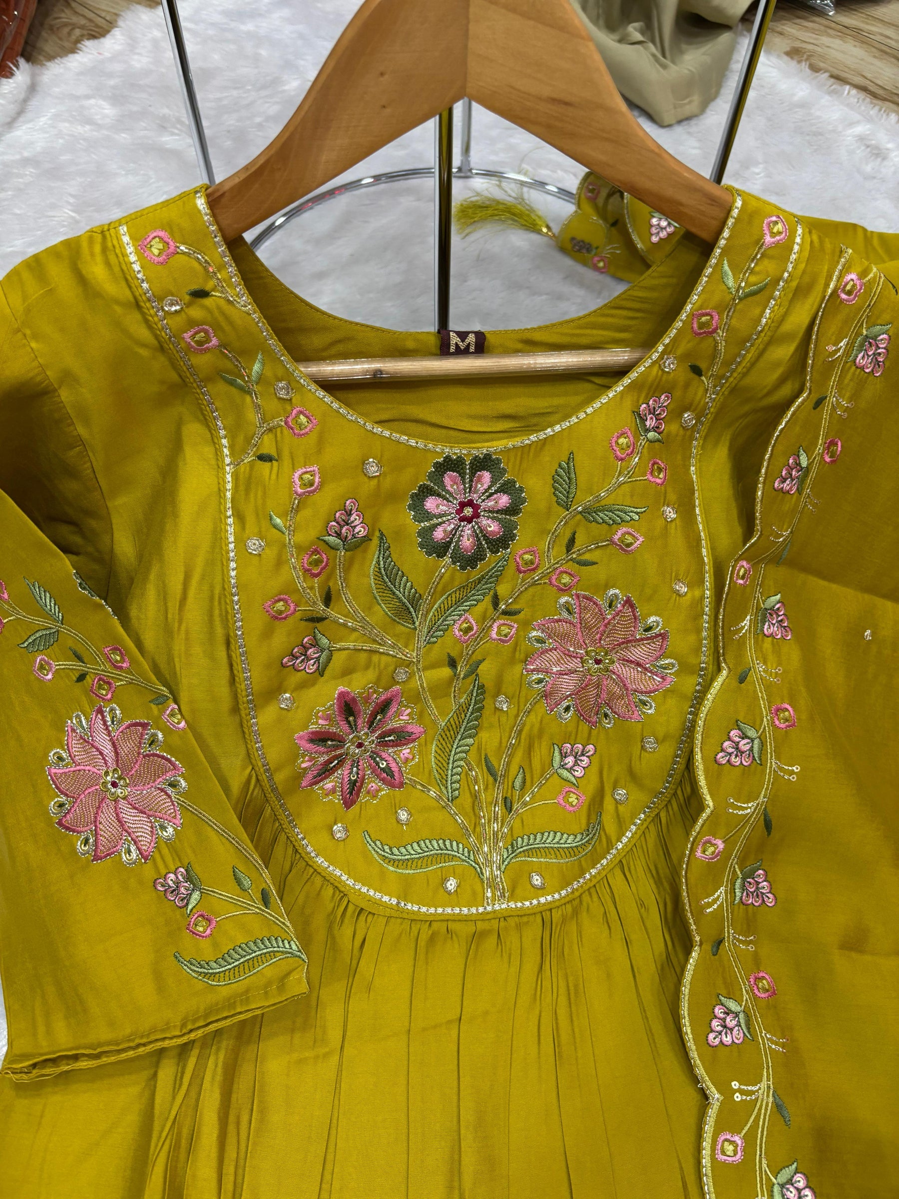 Lorenvalley Fashion Yellow Viscose Roman Silk Multi Embroidery Thread With Hand Work Anarkali Kurti Pant Dupatta