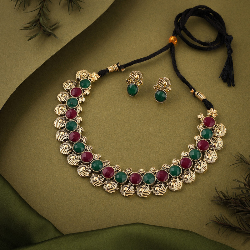 Tehzeeb Creations Green And Maroon Colour Gold-Polished Stone Jewellery Choker Necklace Set With Matching Pair of Stud Earrings Tehzeeb Creations