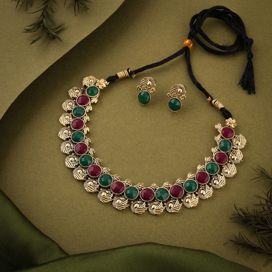 Tehzeeb Creations Green And Maroon Colour Gold-Polished Stone Jewellery Choker Necklace Set With Matching Pair of Stud Earrings Tehzeeb Creations