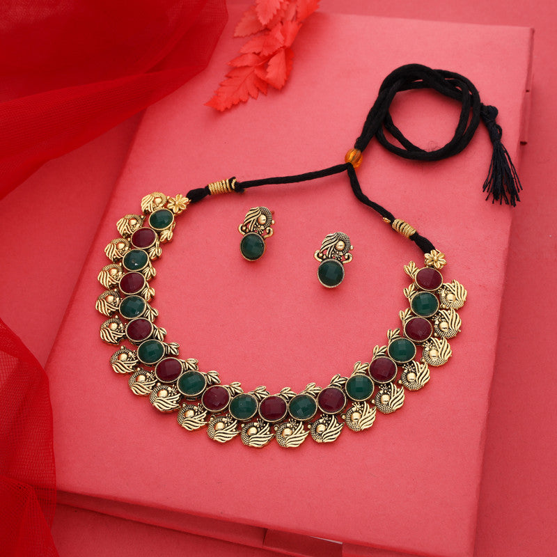Tehzeeb Creations Green And Maroon Colour Gold-Polished Stone Jewellery Choker Necklace Set With Matching Pair of Stud Earrings Tehzeeb Creations