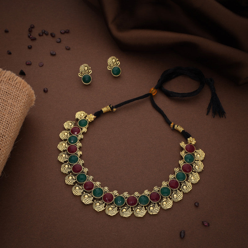 Tehzeeb Creations Green And Maroon Colour Gold-Polished Stone Jewellery Choker Necklace Set With Matching Pair of Stud Earrings Tehzeeb Creations