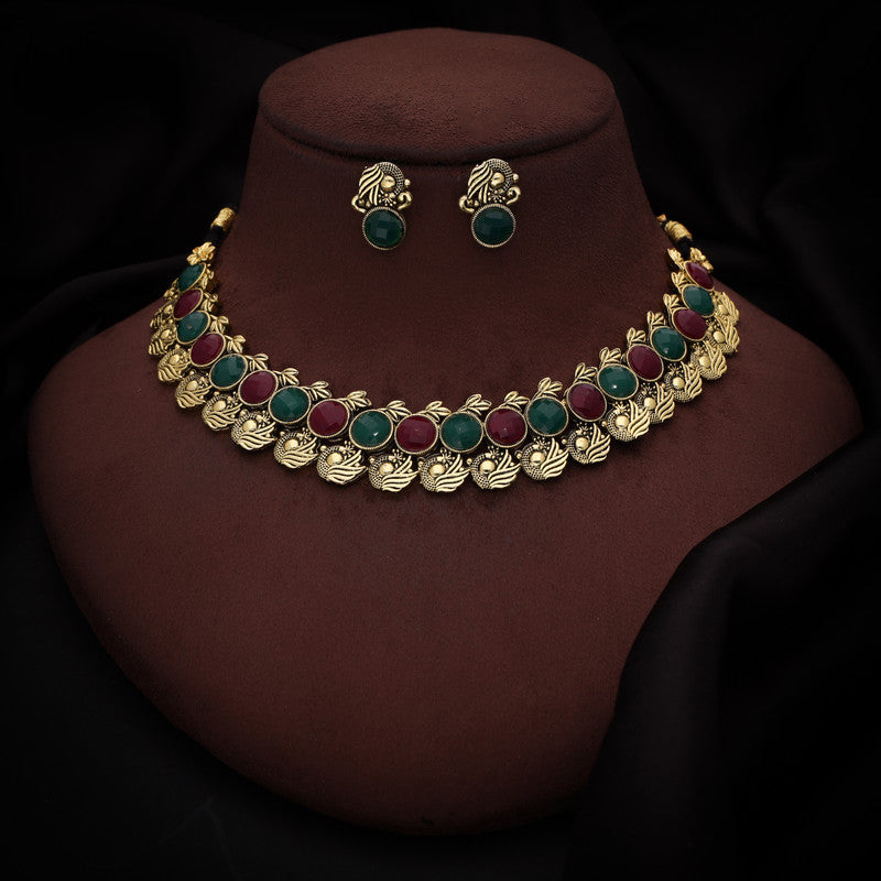 Tehzeeb Creations Green And Maroon Colour Gold-Polished Stone Jewellery Choker Necklace Set With Matching Pair of Stud Earrings Tehzeeb Creations