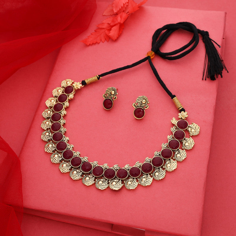 Tehzeeb Creations Maroon Colour Gold-Polished Stone Jewellery Choker Necklace Set With Matching Pair of Stud Earrings Tehzeeb Creations