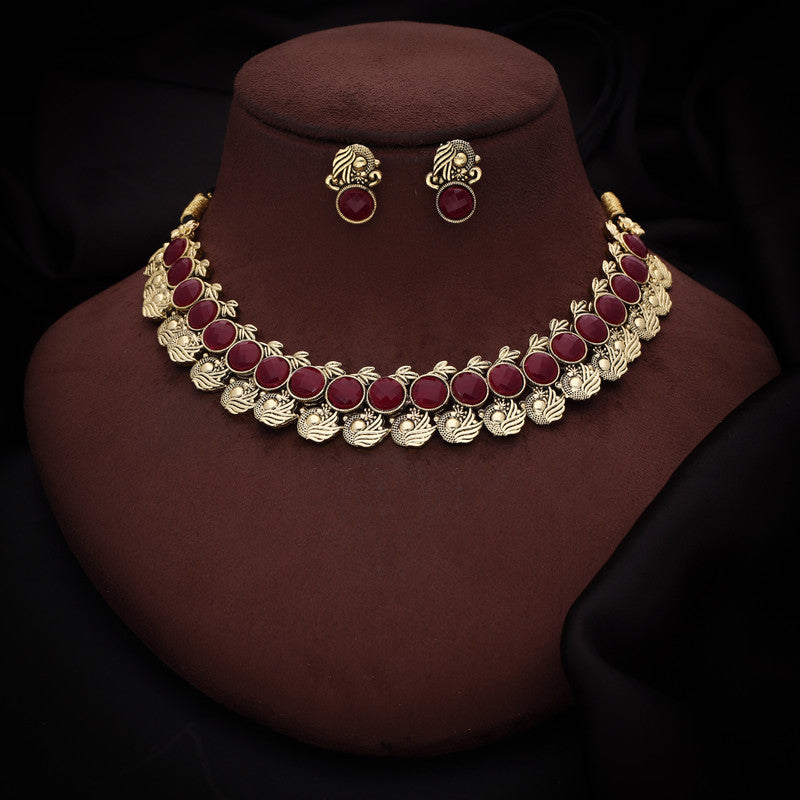 Tehzeeb Creations Maroon Colour Gold-Polished Stone Jewellery Choker Necklace Set With Matching Pair of Stud Earrings Tehzeeb Creations