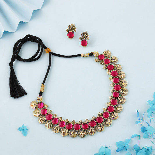 Tehzeeb Creations Pink Colour Gold-Polished Stone Jewellery Choker Necklace Set With Matching Pair of Stud Earrings
