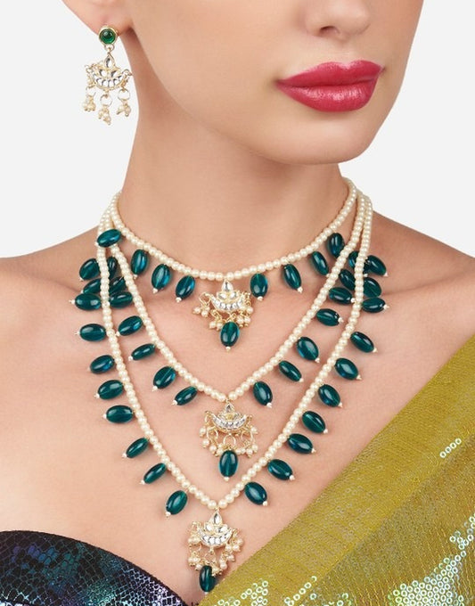 Jewel City Layered Pearl & Green Bead Necklace Set with Kundan Chandbali Pendants Traditional Indian Gold-Plated Ethnic Jewelry Set | Grab2Buy