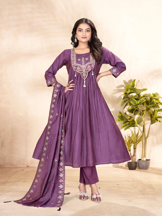 Lorenvalley Fashion Lavender Roman Silk Multi Sequence Embroidery Thread With Hand Work Anarkali Kurti Pant Dupatta