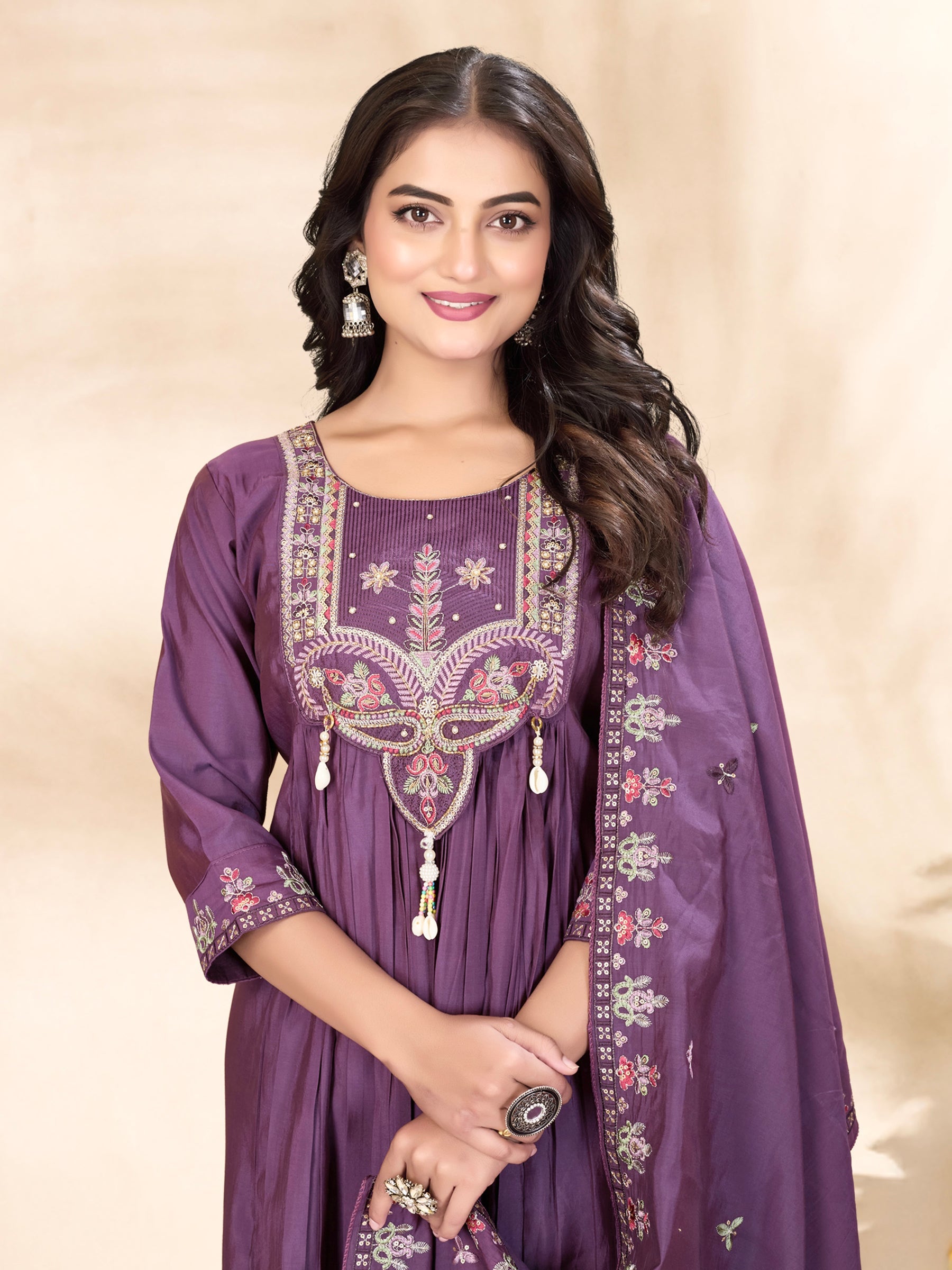 Lorenvalley Fashion Lavender Roman Silk Multi Sequence Embroidery Thread With Hand Work Anarkali Kurti Pant Dupatta